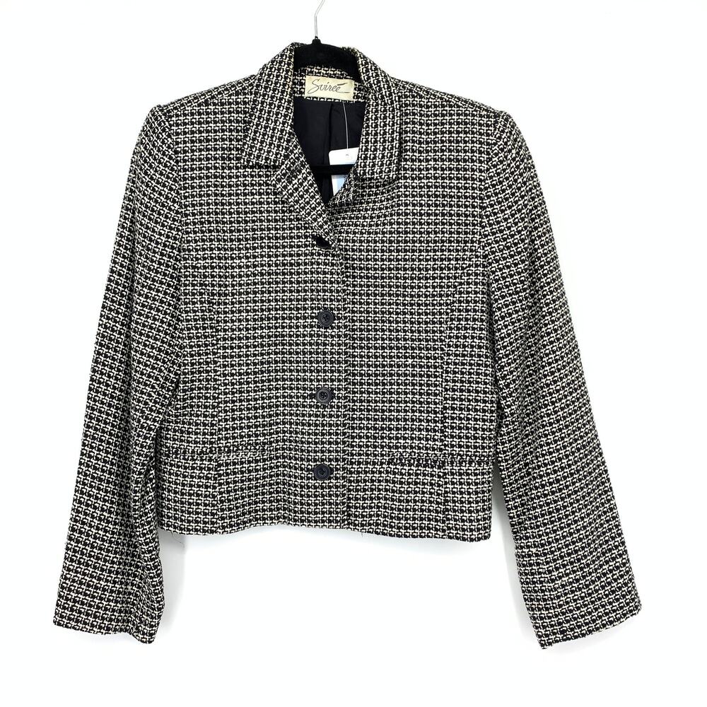 Vintage 80s Cropped Blazer Jacket Womens Size Medium Black White Tweed Print